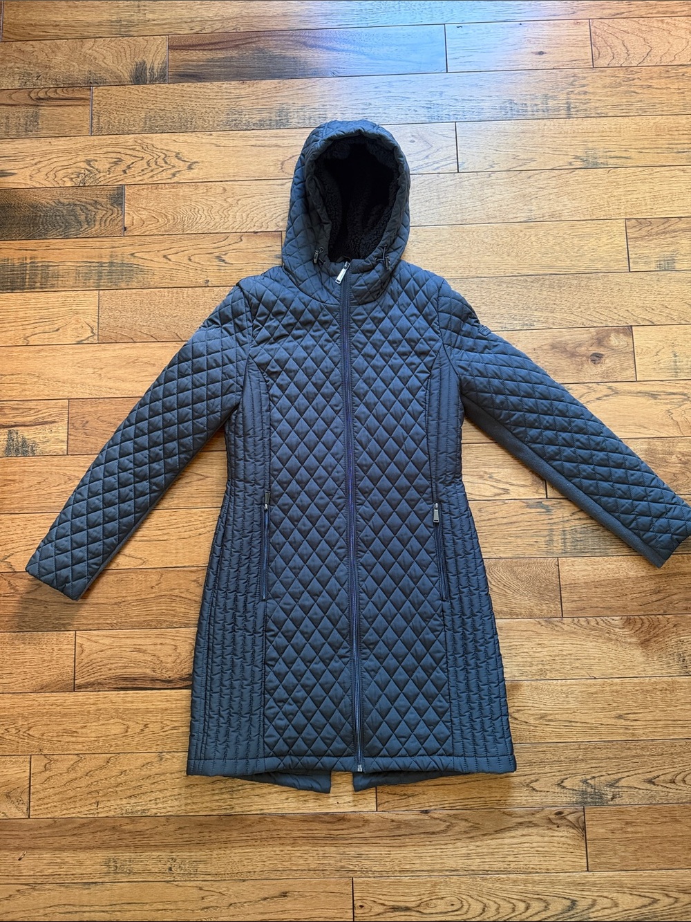 BCBGeneration Women’s Quilted Hooded Long Coat - Dark Gray S